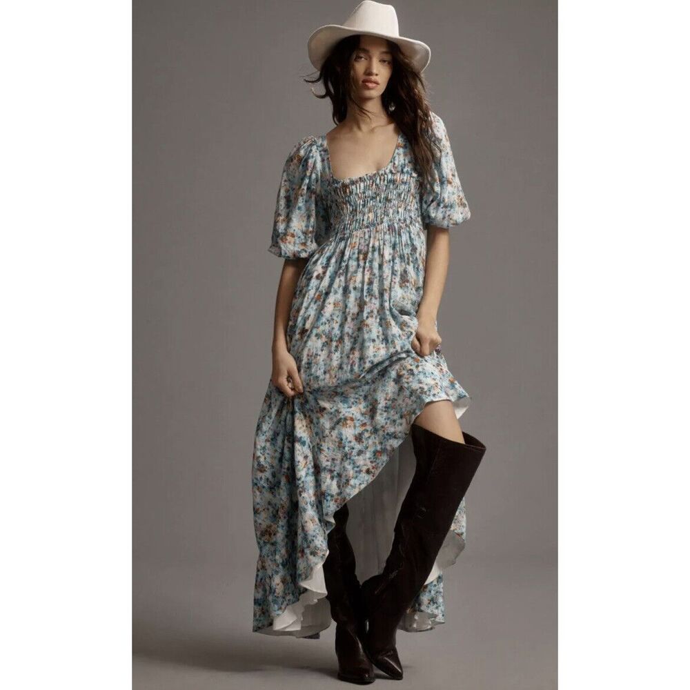 By Anthropologie Short-Sleeve Smocked Babydoll Midi Dress Size XL B32 - Picture 4 of 11